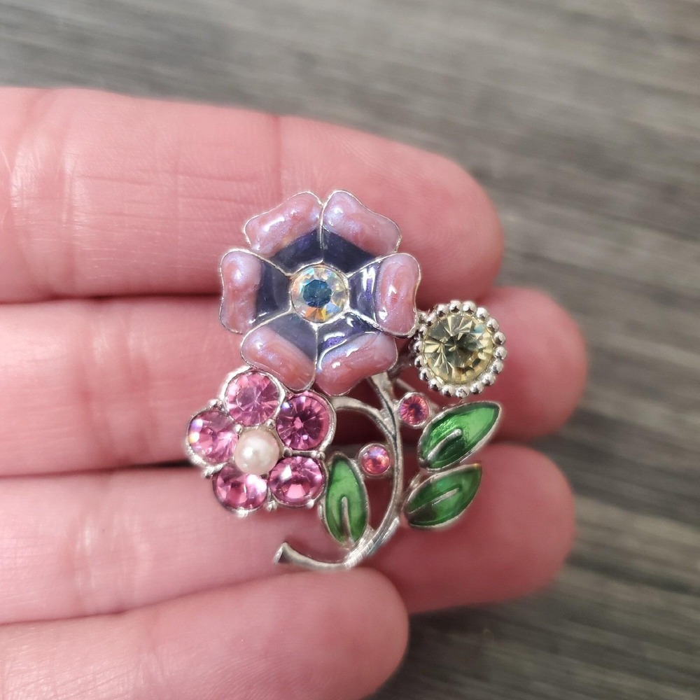 Silvertone Pink Enamel And Rhinestone Spring Flower Brooch Lapel Scarf Pin
